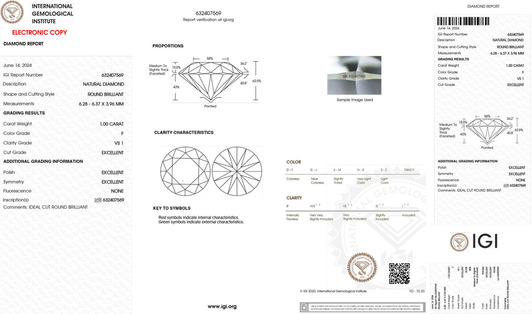 IGI 1,00CT Certified Investment Diamond color F purity vs1