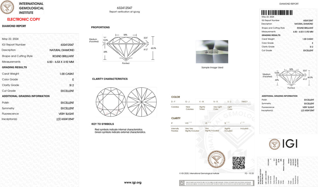 IGI 1,00CT Сертифицированный инвестиционный цвет алмаза и чистота Si2