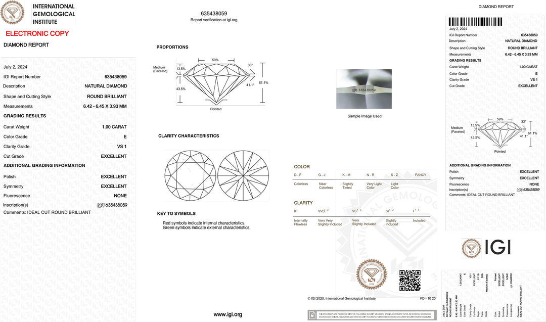 IGI 1,00CT Certified Investment Diamond color and purity VS1