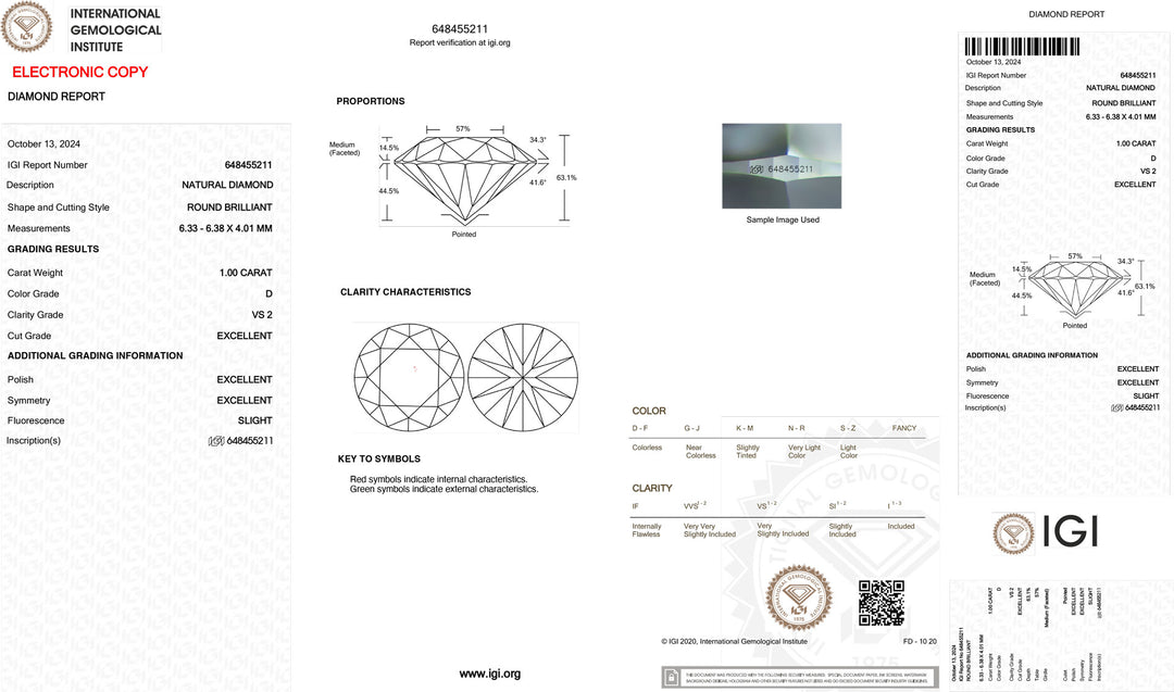 IGI 1,00CT Сертифицированный инвестиционный бриллиант VS2 Цвет чистоты