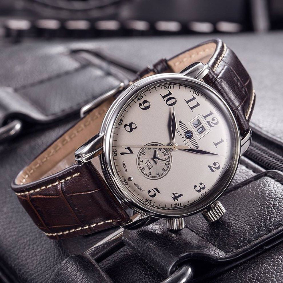 Zeppelin Clock LZ127 Graf Dual Time 42 мм бежевая кварцевая сталь 7644-5