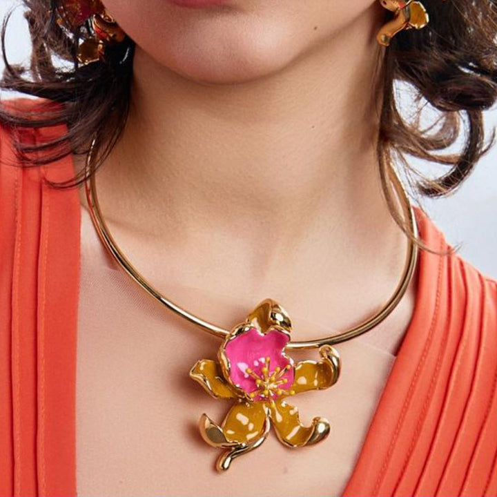 Federica Rossi Necklace Rigid Coaching Flower Orchid Bronze Bronze Pvd Finish Gold 18kt enamel fr.gi.26