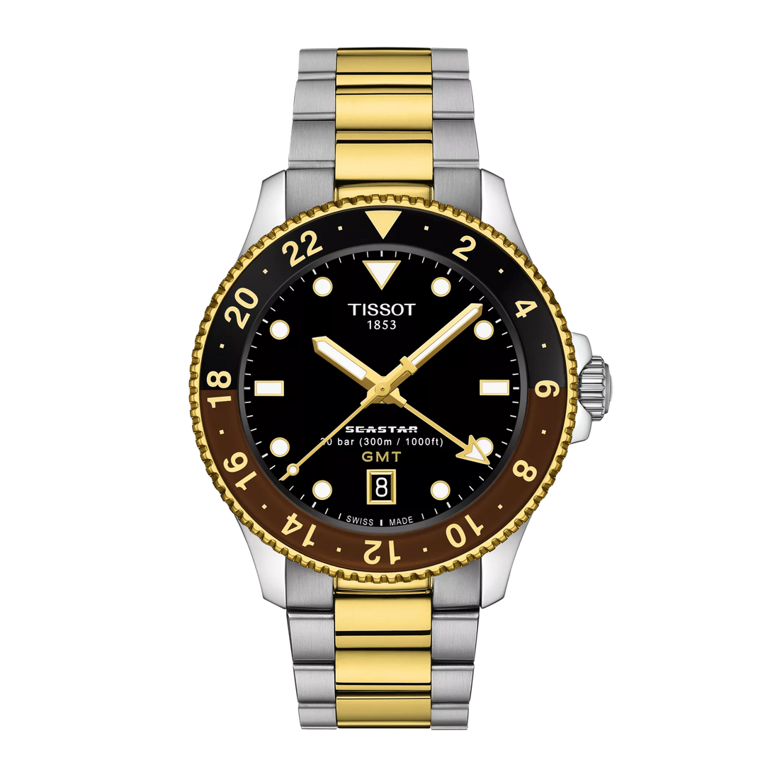 Tissot Seastar 1000 Gmt Watch 40 мм черная кварцевая стальная отделка Pvd Gold Gold T120.852.22.051.00