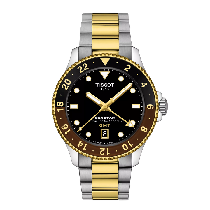 Tissot Seastar 1000 Gmt Watch 40 мм черная кварцевая стальная отделка Pvd Gold Gold T120.852.22.051.00