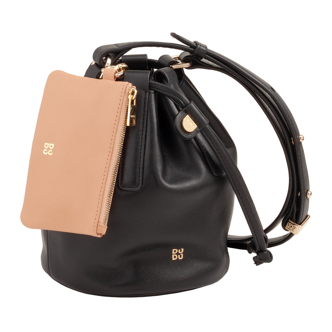 DUDU small women's bucket in real leather with adjustable shoulder strap and coulisse closure - elegant and compact shoulder bag with cord, perfect for daily use