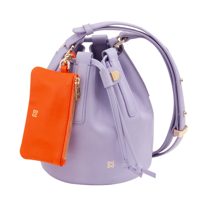 DUDU small women's bucket in real leather with adjustable shoulder strap and coulisse closure - elegant and compact shoulder bag with cord, perfect for daily use