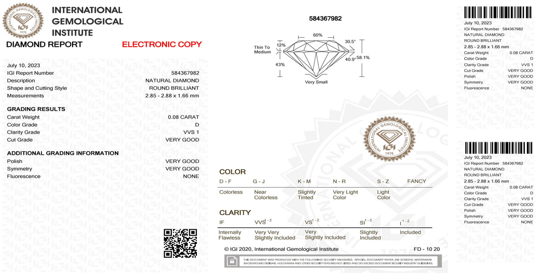 IGI diamante in blister certificato taglio brillante 0,08ct colore D purezza VVS 1 - Capodagli 1937