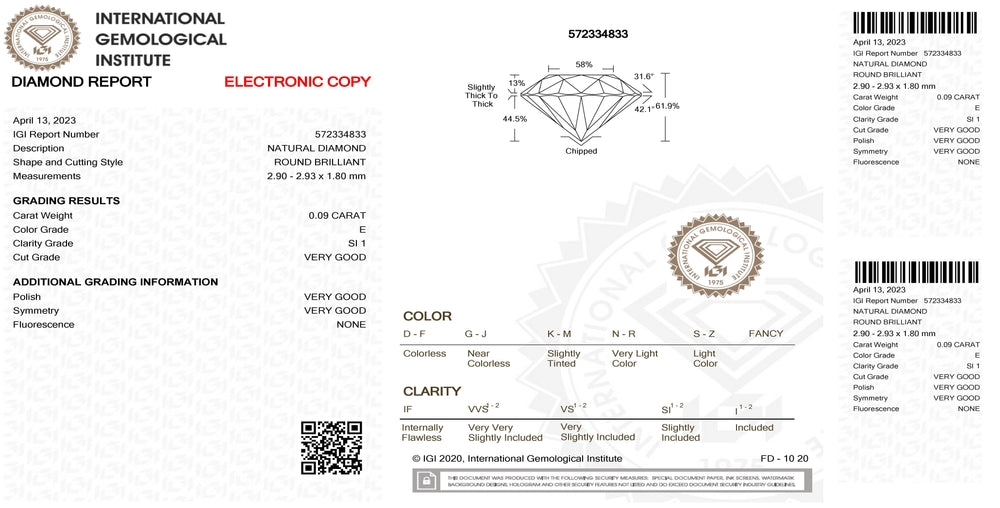 IGI diamante in blister certificato taglio brillante 0,09ct colore E purezza SI 1 - Capodagli 1937