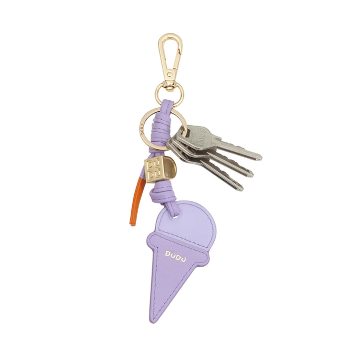 Dudu leather key ring with ice cream cone, keychain men woman, with ring and carabiner, summer keychain design