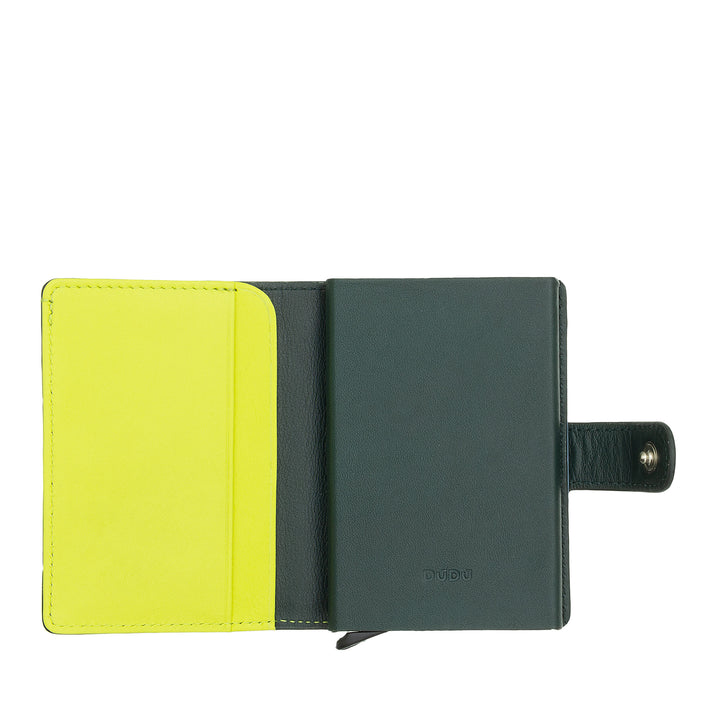 DUDU WALLE RFID MEN'S LEATHER REGISTER, Small miniwallet with aluminum cardprotector, banknotes and button closure