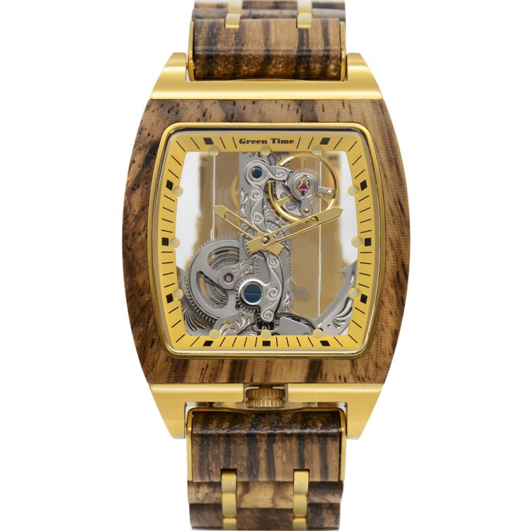 Green Time Automatic Watch 44x39mm Skeleton Automatic Steel Finishing PVD Gold Wooden ZW169C