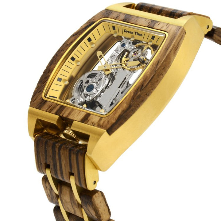 Green Time Automatic Watch 44x39mm Skeleton Automatic Steel Finishing PVD Gold Wooden ZW169C