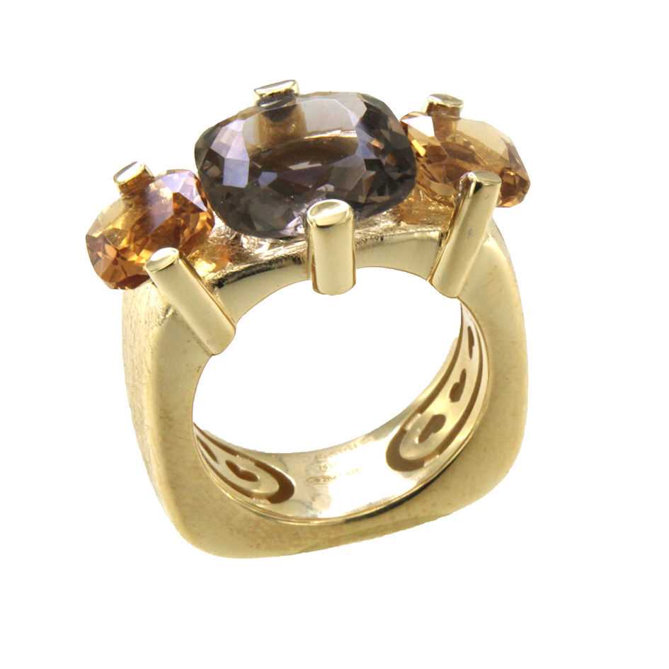 Кольцо Pitti e Sisi Rainbow Trilogy стерлингового серебра 925 PVD, желтое золото, кварцевый дымчатый коньяк AN 9571G/087