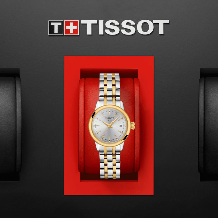 Часы Tissot Classic Dream Lady 28mm серебряные кварцевые стальные отделки PVD желтое золото T129.210.22.031.00