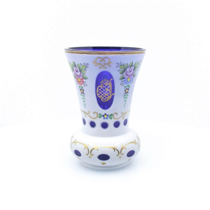 Crystal BOHEMIA bicchiere cristallo opalino blu con decori floreali e finiture dorate A-S1819-2 - Gioielleria Capodagli