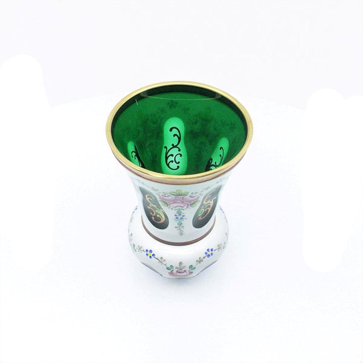 Crystal BOHEMIA Czecoslovakia bicchiere cristallo opalino verde con decori floreali e finiture dorate A-S1819-1 - Gioielleria Capodagli